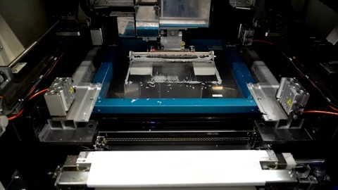 Automated stencil printer applying solder paste onto PCB in SMT production Stock Footage 336253036