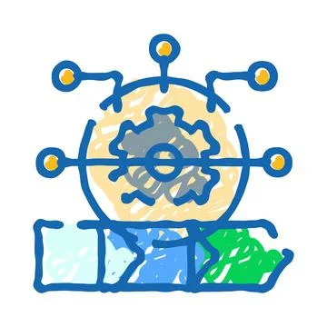 Automated system processing data with global network connection Stock Illustration