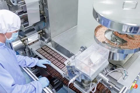 Automated Tablet Packaging Line in Modern Pharmaceutical Manufacturing Facili Stock Photos