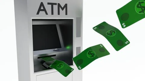 An automated teller machine or ATM with green currency bills flying outward Stock Illustration