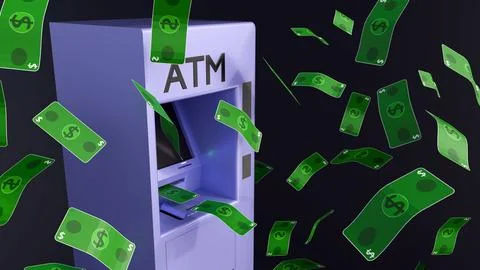 An automated teller machine or ATM with green currency bills flying outward Stock Illustration