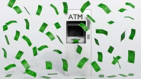 An automated teller machine or ATM with green currency bills flying outward Stock Illustration