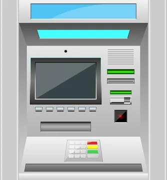 An automated teller machine stands ready for banking transactions. Access y.. Stock Illustration