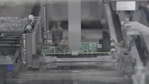 Automated testing and pressing machine processing small PCB board with Stock Footage 334701575
