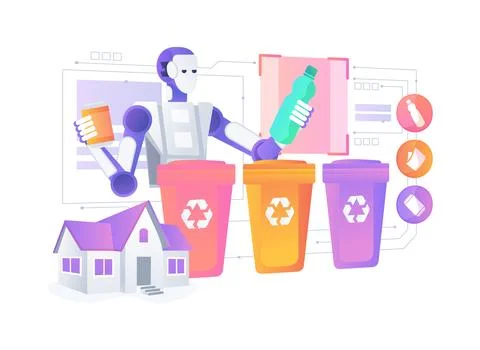 Automated Trash Sorting Robot abstract concept vector illustration. Stock Illustration