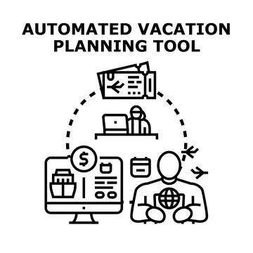 Automated vacation planning tool arranging travel and destination services Stock Illustration