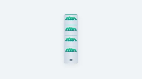 Automated Vertical Farm Tower with Sequential Teal LED Grow Light Pulsing Cyc Stock-Footage 346202500