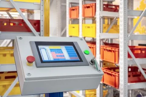 Automated warehouse control panel. Stock Photos