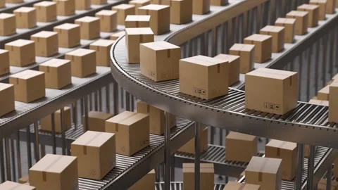 Automated warehouse conveyor system distributing cardboard boxes Vídeo Stock 320647141