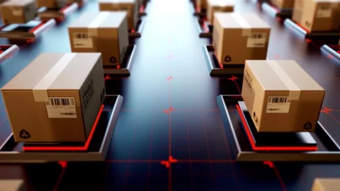 Automated warehouse logistics system delivering goods. Stock Footage 340462140