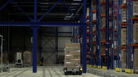 Automated Warehouse Robot Transporting Stacked Pallets Inside A Large Storage Stock Footage 333046184