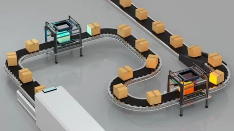 Automated warehouse system with boxes on conveyor belts scanning and sortin.. Stock Footage 332318050