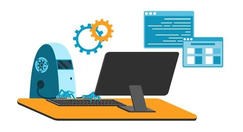 Automated work of software, business project development, robot using keyboard 스톡 일러스트