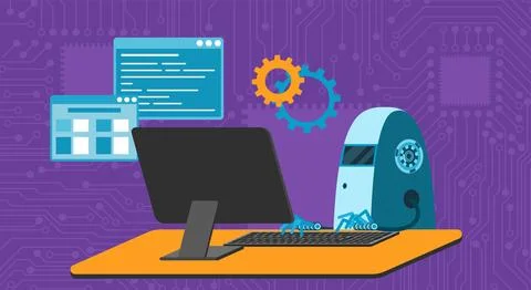 Automated work of software, business project development, robot using keyboard Illustrazione stock