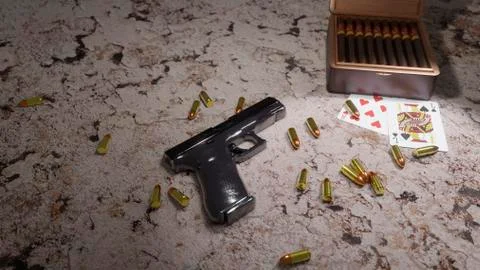 Automatic 9 mm Glock. The gun lies on a concrete wall against the background of Stock Illustration