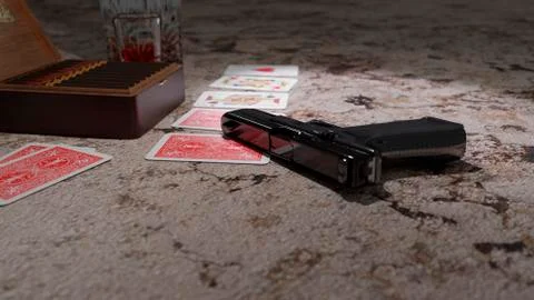 Automatic 9 mm Glock. The gun lies on a concrete wall against the background of Stock Illustration