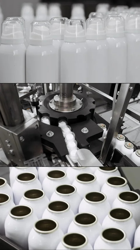 Automatic aerosol spray production line. Stock Footage 306578222