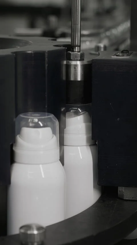 Automatic aerosol spray production line. Stock Footage 306579882