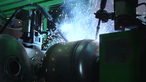 Automatic arc welding of metal on the factory conveyor Stock Footage 162900323