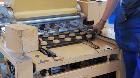 Automatic bakery production line with sweet cookies with equipment machinery and Stock Footage 91154767