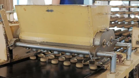 Automatic bakery production line with sweet cookies on conveyor belt equipment Stock Footage 91806962