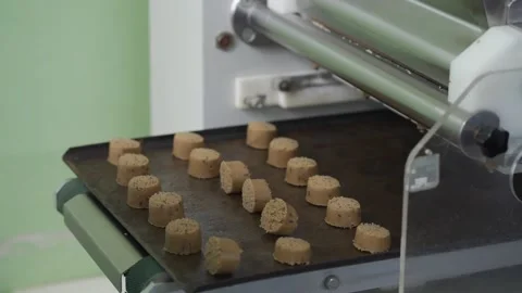 Automatic bakery production line with sweet cookies on conveyor belt equipment Stock Footage 130667475