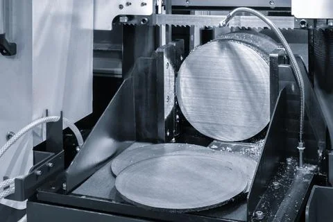 The automatic band saw machine cutting the metal bar with coolant method. The Foto stock