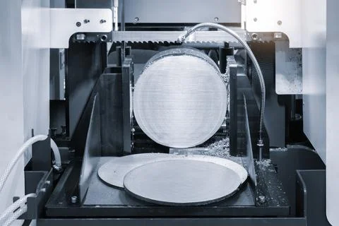 The automatic band saw machine cutting the metal bar with coolant method. The Foto stock