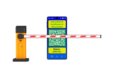 Automatic barrier and digital passport of vaccination in phone on white backg Stock Illustration