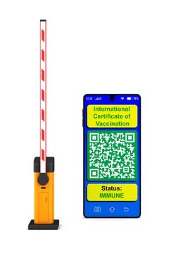 Automatic barrier and digital passport of vaccination in phone on white backg Stock Illustration