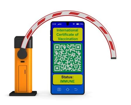 Automatic barrier and digital passport of vaccination in phone on white backg Illustrazione stock