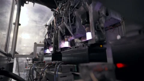 Automatic battery production line. The burner fuses the battery terminals. Stock Footage 146914368