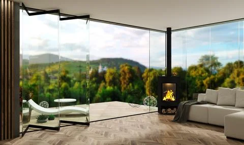Automatic black sliding doors forest villa patio facade Stock Illustration
