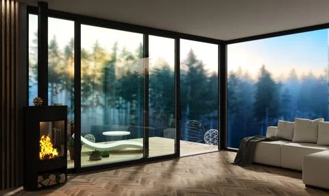 Automatic black sliding doors forest villa patio facade Stock Illustration