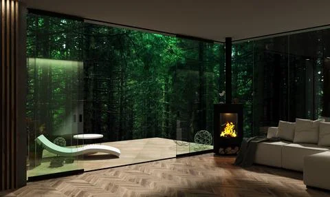 Automatic black sliding doors forest villa patio facade Stock Illustration