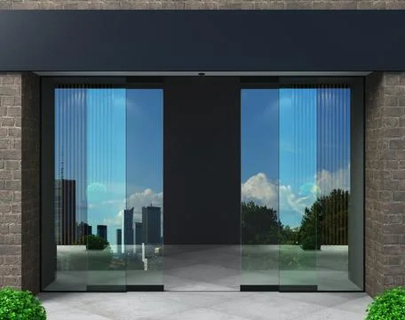 Automatic black sliding doors office facade mockup Stock Illustration