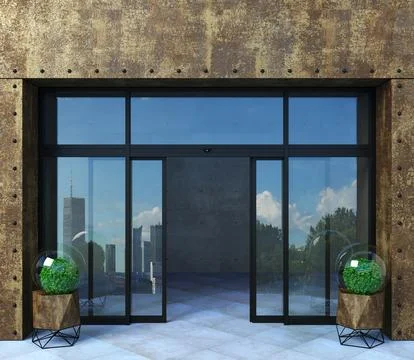 Automatic black sliding doors office facade mockup Stock Illustration