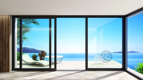 Automatic black sliding doors sea villa patio facade mockup Illustrazione stock