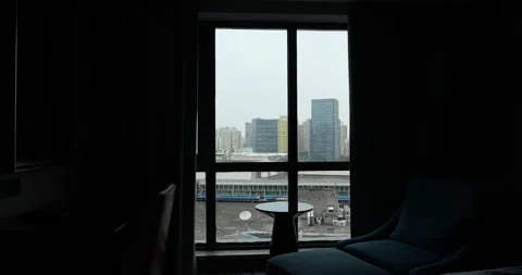 Automatic blackout curtains closing and then opening in hotel room Stock-Footage 327655324