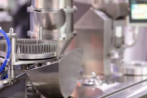 Automatic capsule manufacturing machine close up Stock Photos