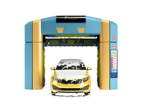 Automatic car wash concept yellow car covered in foam stands inside a robotic Stock Illustration