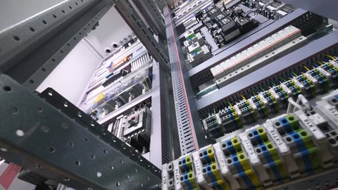 Automatic circuit breaker, fuses in a big industrial electric rack Video stock 73597765