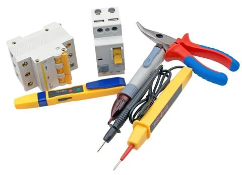 Automatic circuit breakers, insulation tape, testers Isolated on white Stock Photos