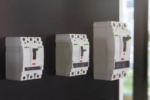 Automatic circuit breakers in the showroom of the store Stock Photos