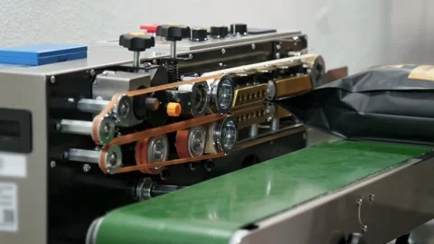 Automatic coffee bag sealer - coffee production line Stock Footage 201304496