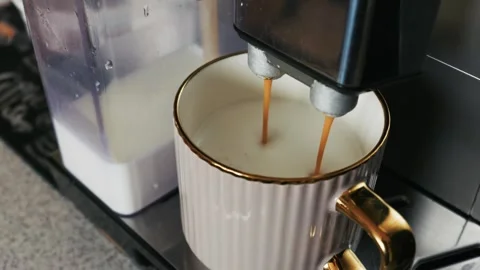 Automatic Coffee Machine Pouring Fresh Espresso Into Elegant Mug Stock Footage 333817763