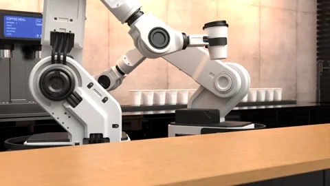Automatic coffee machine by the robot, Robotic arm serving coffee Stock Footage 244969850