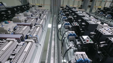 Automatic control system cabinet. Electrical panels, cables, buttons, switches Video stock 73618519