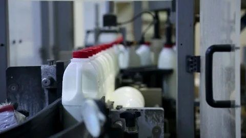 Automatic conveyor with bottles with pasteurized milk. Milk factory Stock Footage 126955785