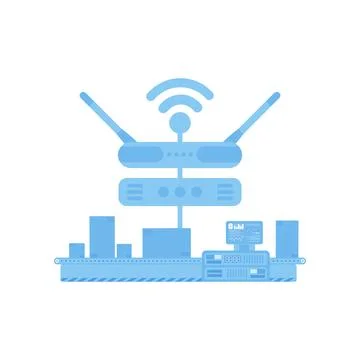Automatic conveyor line connected to the Internet. IOT and automation concept Illustrazione stock